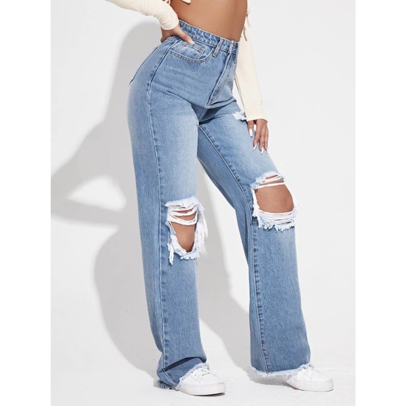 light wash Ripped Cutout Wide Leg Jeans - Picture 5 of 5